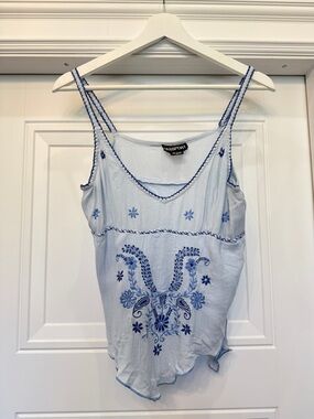 Vintage 90s Y2K Passport  Tank Medium Embroidered Handkerchief Hem Rayon